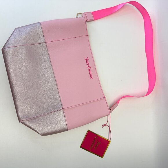 Juicy‎ Couture Pink Leather Tote Bag New Open Top Snap Closure Colorblock - Picture 2 of 9